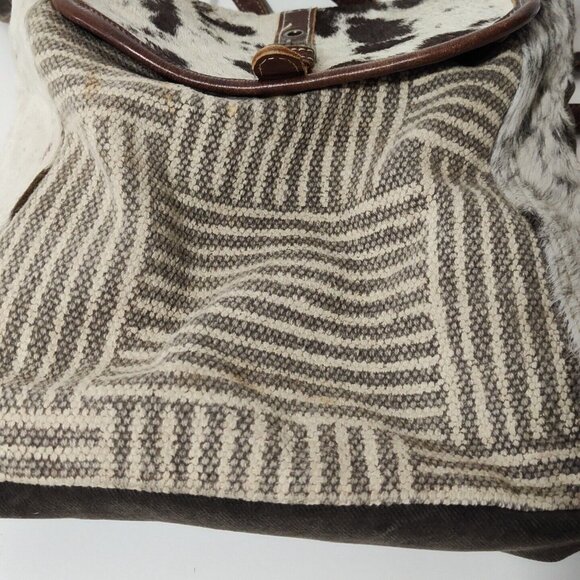 Myra Bag Brown Canvas Flap Messenger Backpack Cow Print Western Woven - Picture 3 of 16